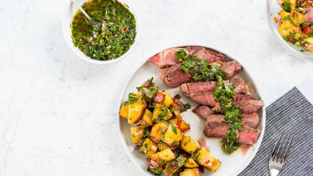 Ribeye Steak with Chimichurri  and Sweet Potatoes